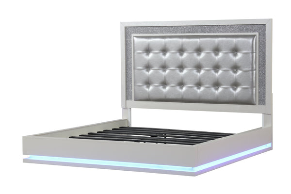 English Elm LED King Bed with Milky White Wood, Tufted Upholstered Headboard, Crystal LED Accents for Luxe Ambiance 659436497405