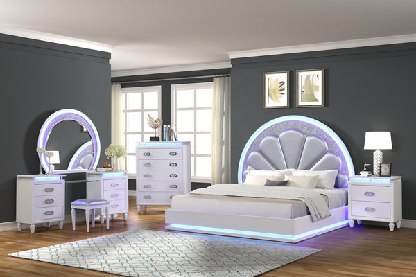 English Elm Perla King 5Pc Vanity Bedroom Set with LED Lights, Crystal Accents, Tufted Headboard & Storage 659436098046