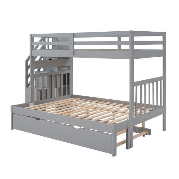 English Elm Twin Over Full Bunk Bed with Staircase Storage Drawers and Pull Out Trundle LT000025AAE-1