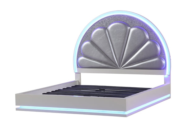 English Elm King Lux LED Wood Bed in Milky White with Channel Tufted Headboard, Crystal Accents & Ambient Lighting 659436120822