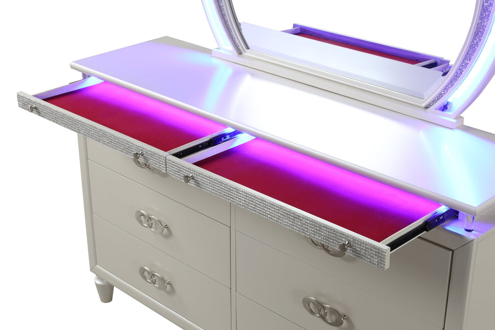 English Elm Perla Passion 6-Drawer LED Dresser in Milky White — Glamorous Wood Finish, Ample Storage & Mirror Ready 659436448698