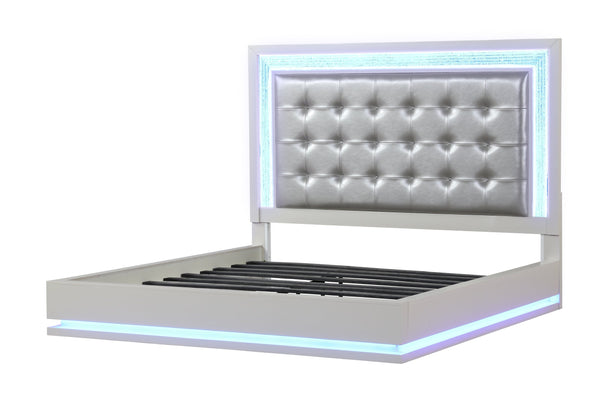 English Elm LED King Bed with Milky White Wood, Tufted Upholstered Headboard, Crystal LED Accents for Luxe Ambiance 659436497405