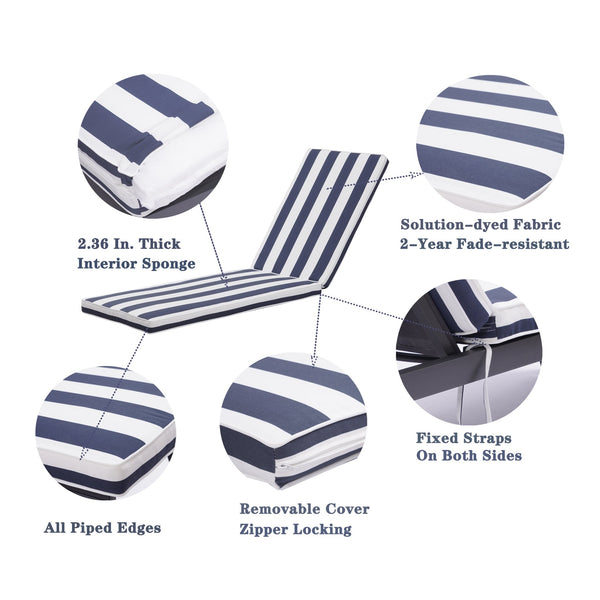 English Elm 2PCS 75" Chaise Lounge Cushion Set Blue White Stripes - Removable Zipper Covers, Straps, Indoor Outdoor Comfort W41940599