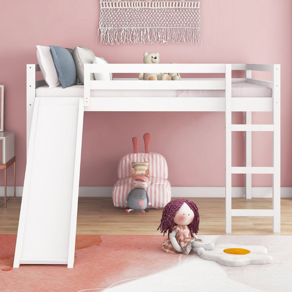 English Elm Loft Bed with Built in Slide Solid Pine Full Size Frame for Kids Playroom WF286242AAK