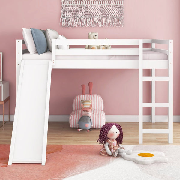 English Elm Loft Bed with Built in Slide Solid Pine Full Size Frame for Kids Playroom WF286242AAK