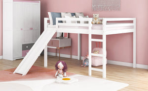 English Elm Loft Bed with Built in Slide Solid Pine Full Size Frame for Kids Playroom WF286242AAK