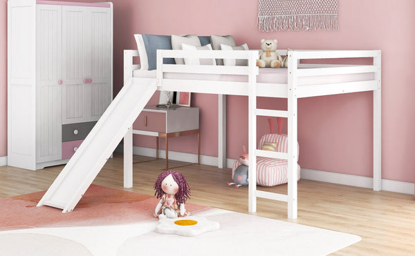 English Elm Loft Bed with Built in Slide Solid Pine Full Size Frame for Kids Playroom WF286242AAK