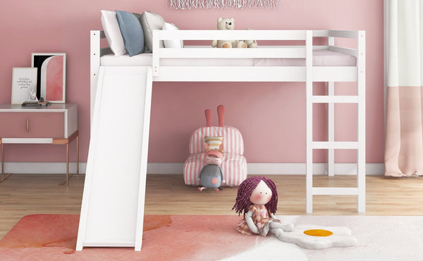 English Elm Loft Bed with Built in Slide Solid Pine Full Size Frame for Kids Playroom WF286242AAK