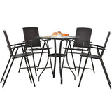 Hearth and Haven 5 Piece PE Wicker Patio Counter Height Dining Table Set with Umbrella Hole and 4 Foldable Chairs, Brown