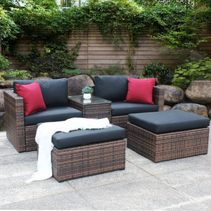 English Elm Updated 5 Pieces Outdoor Brown Wicker Sectional Sofa Set with Black Cushions, Red Pillows & Cover — Rust-Resistant Steel Frame, 8” Plush Back Support W400S00037
