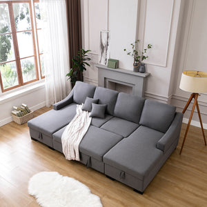 English Elm Upholstery Sleeper Sectional Sofa With Double Storage Spaces, 2 Tossing Cushions, Grey