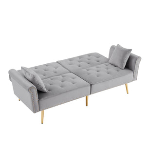 English Elm GREY Velvet Sofa Bed with Tufted Back, Gold Legs, Nailhead Trim & 2 Pillows — Modern Convertible Luxe W588P153426