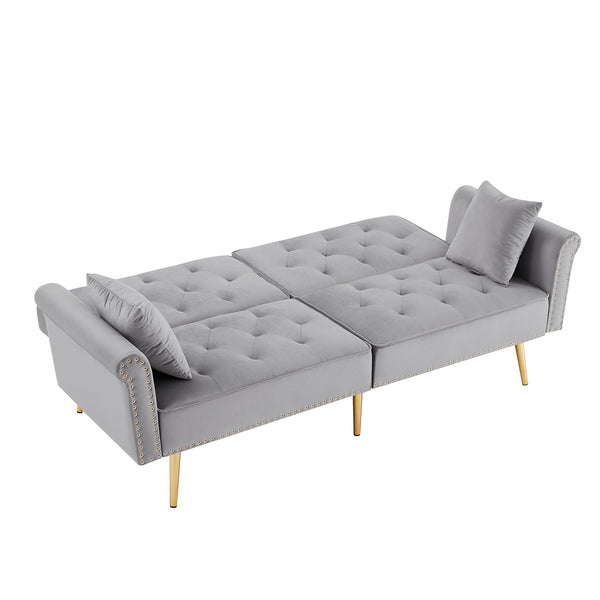 English Elm GREY Velvet Sofa Bed with Tufted Back, Gold Legs, Nailhead Trim & 2 Pillows — Modern Convertible Luxe W588P153426