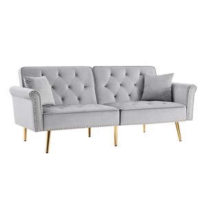 English Elm GREY Velvet Sofa Bed with Tufted Back, Gold Legs, Nailhead Trim & 2 Pillows — Modern Convertible Luxe W588P153426