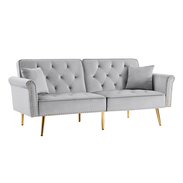 English Elm GREY Velvet Sofa Bed with Tufted Back, Gold Legs, Nailhead Trim & 2 Pillows — Modern Convertible Luxe W588P153426