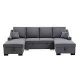 English Elm Upholstery Sleeper Sectional Sofa With Double Storage Spaces, 2 Tossing Cushions, Grey