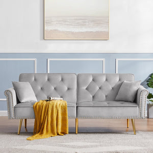 English Elm GREY Velvet Sofa Bed with Tufted Back, Gold Legs, Nailhead Trim & 2 Pillows — Modern Convertible Luxe W588P153426