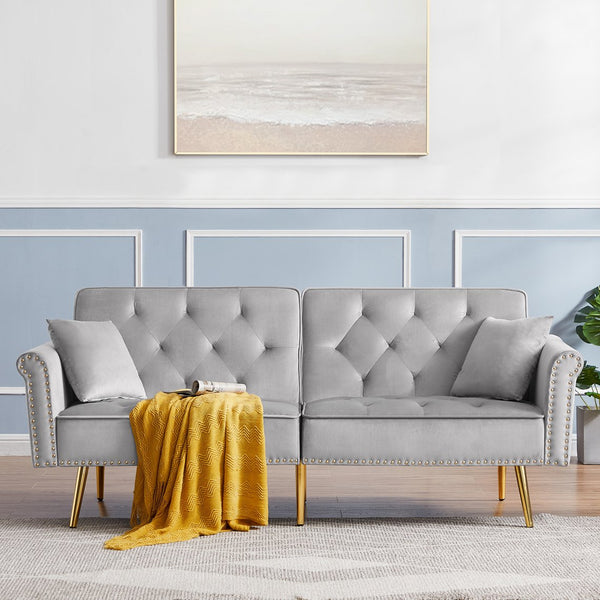 English Elm GREY Velvet Sofa Bed with Tufted Back, Gold Legs, Nailhead Trim & 2 Pillows — Modern Convertible Luxe W588P153426