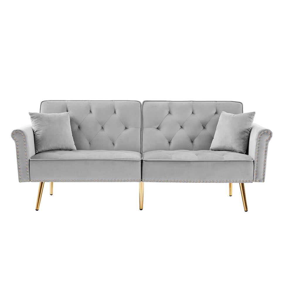 English Elm GREY Velvet Sofa Bed with Tufted Back, Gold Legs, Nailhead Trim & 2 Pillows — Modern Convertible Luxe W588P153426