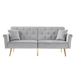 English Elm GREY Velvet Sofa Bed with Tufted Back, Gold Legs, Nailhead Trim & 2 Pillows — Modern Convertible Luxe W588P153426