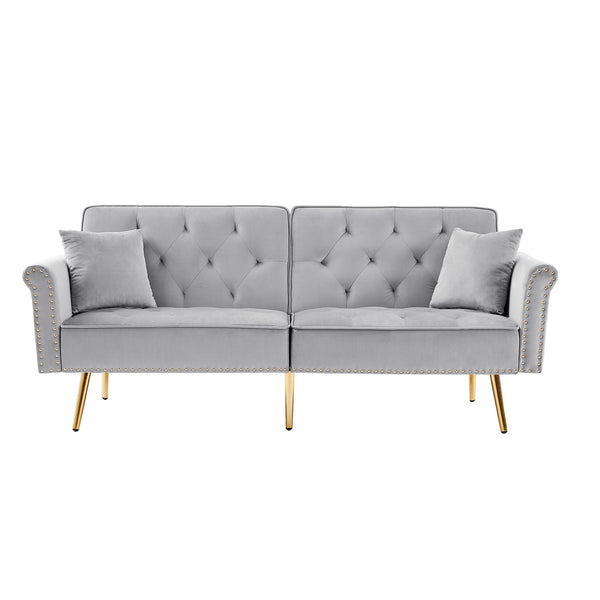 English Elm GREY Velvet Sofa Bed with Tufted Back, Gold Legs, Nailhead Trim & 2 Pillows — Modern Convertible Luxe W588P153426