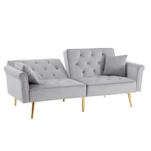 English Elm GREY Velvet Sofa Bed with Tufted Back, Gold Legs, Nailhead Trim & 2 Pillows — Modern Convertible Luxe W588P153426