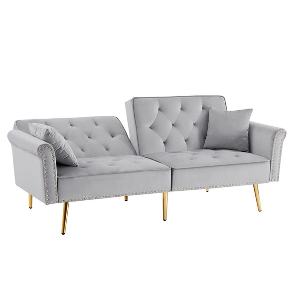 English Elm GREY Velvet Sofa Bed with Tufted Back, Gold Legs, Nailhead Trim & 2 Pillows — Modern Convertible Luxe W588P153426