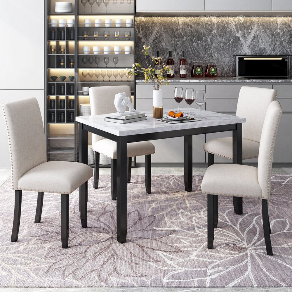 English Elm Trexm Faux Marble Dining Set with Four Cushioned Chairs Rubberwood Glam Kitchen ST000040AAA