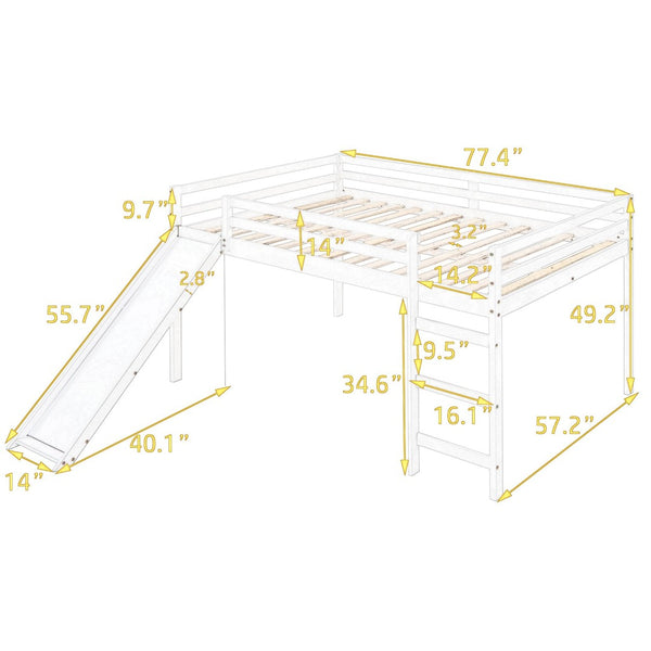 English Elm Loft Bed with Built in Slide Solid Pine Full Size Frame for Kids Playroom WF286242AAK
