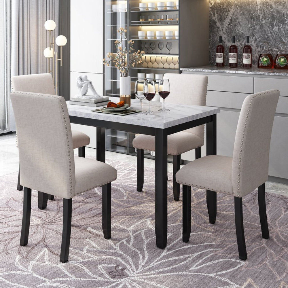 English Elm Trexm Faux Marble Dining Set with Four Cushioned Chairs Rubberwood Glam Kitchen ST000040AAA