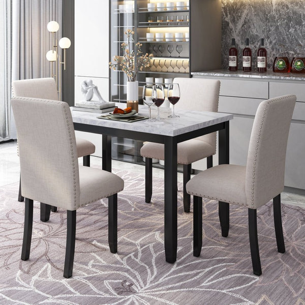 English Elm Trexm Faux Marble Dining Set with Four Cushioned Chairs Rubberwood Glam Kitchen ST000040AAA