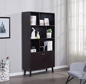 English Elm 67" Bookcase with Doors Coffee Finish, 3-Tier MDF Bookshelf with 2 Cabinets, Waterproof Scratch-Resistant W96539590