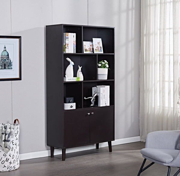 English Elm 67" Bookcase with Doors Coffee Finish, 3-Tier MDF Bookshelf with 2 Cabinets, Waterproof Scratch-Resistant W96539590