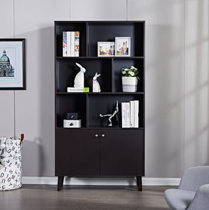 English Elm 67" Bookcase with Doors Coffee Finish, 3-Tier MDF Bookshelf with 2 Cabinets, Waterproof Scratch-Resistant W96539590