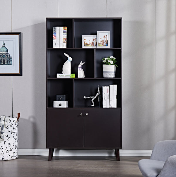 English Elm 67" Bookcase with Doors Coffee Finish, 3-Tier MDF Bookshelf with 2 Cabinets, Waterproof Scratch-Resistant W96539590