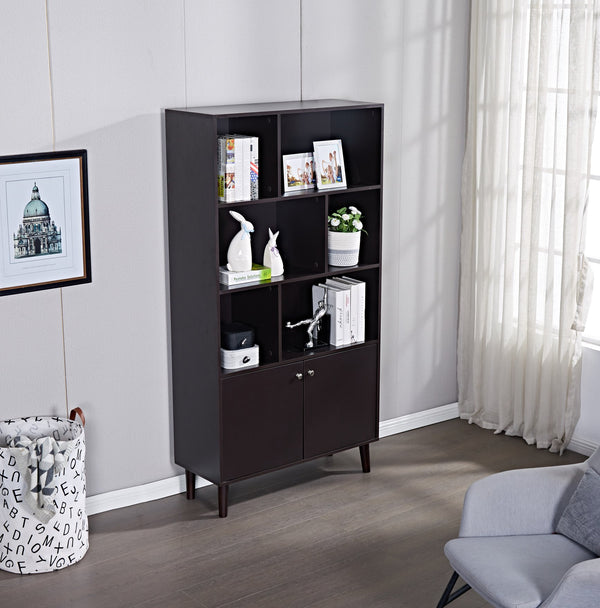 English Elm 67" Bookcase with Doors Coffee Finish, 3-Tier MDF Bookshelf with 2 Cabinets, Waterproof Scratch-Resistant W96539590