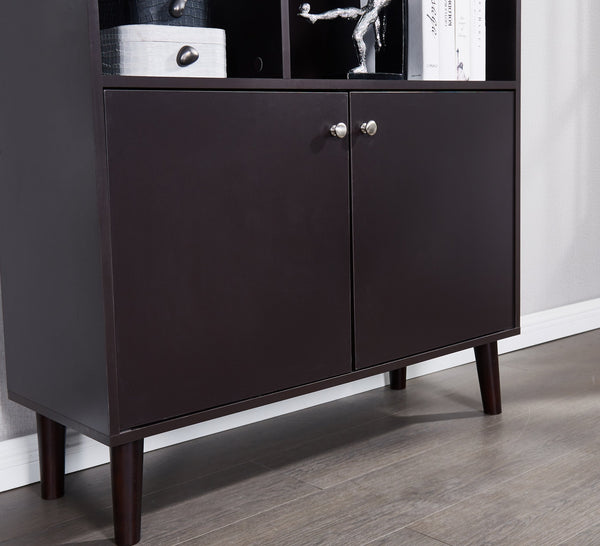 English Elm 67" Bookcase with Doors Coffee Finish, 3-Tier MDF Bookshelf with 2 Cabinets, Waterproof Scratch-Resistant W96539590