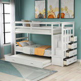 Hearth and Haven Twin over Twin Bunk Bed with Trundle and Staircase, Natural White