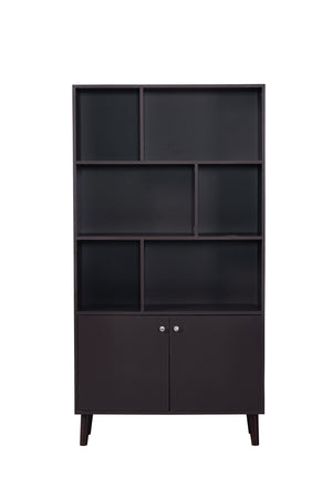 English Elm 67" Bookcase with Doors Coffee Finish, 3-Tier MDF Bookshelf with 2 Cabinets, Waterproof Scratch-Resistant W96539590