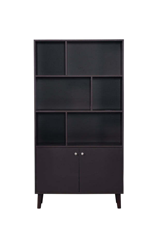 English Elm 67" Bookcase with Doors Coffee Finish, 3-Tier MDF Bookshelf with 2 Cabinets, Waterproof Scratch-Resistant W96539590