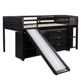 Twin Size Low Loft Bed with Cabinet, Shelves and Slide, Espresso