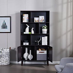 English Elm 67" Bookcase with Doors Coffee Finish, 3-Tier MDF Bookshelf with 2 Cabinets, Waterproof Scratch-Resistant W96539590