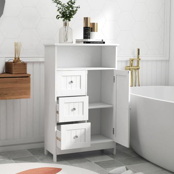 English Elm Bathroom Freestanding Storage Cabinet with 3 Drawers White Mdf Slim Tall Design W28235523