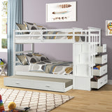 Hearth and Haven Twin over Twin Bunk Bed with Trundle and Staircase, Natural White