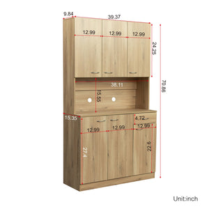 English Elm 70.87" Wardrobe Kitchen Cabinet with 6 Doors, 1 Drawer & Open Shelf — Durable Melamine MDF Storage Solution Oak W331S00057