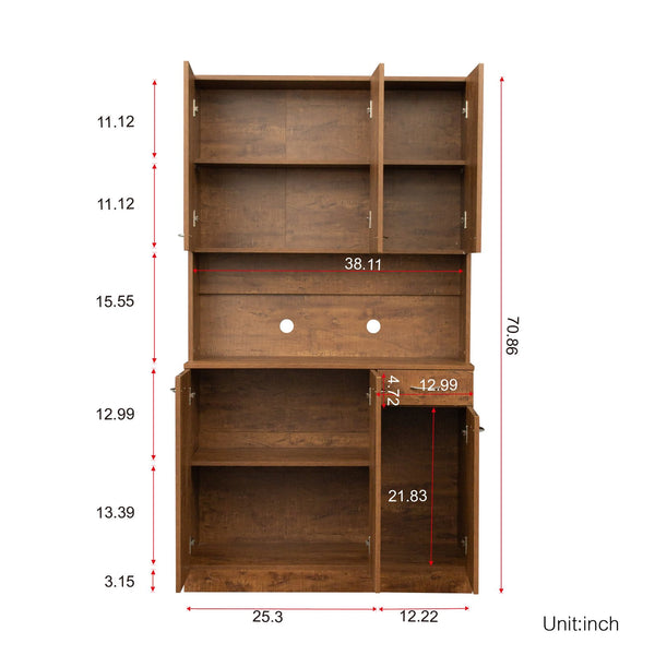 English Elm 70.87" Wardrobe Kitchen Cabinet with 6 Doors, 1 Drawer & Open Shelf — Durable Melamine MDF Storage Solution Walnut W331S00060