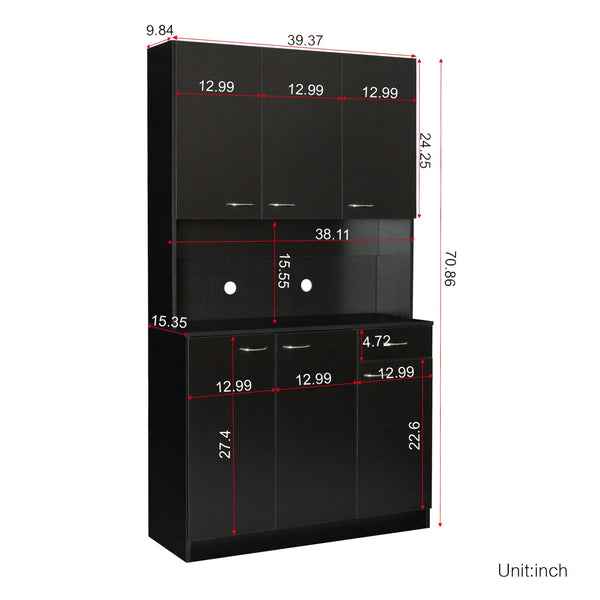 English Elm 70.87" Wardrobe Kitchen Cabinet with 6 Doors, 1 Drawer & Open Shelf — Durable Melamine MDF Storage Solution Black W331S00059