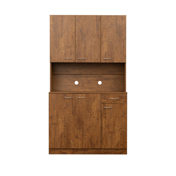 English Elm 70.87" Wardrobe Kitchen Cabinet with 6 Doors, 1 Drawer & Open Shelf — Durable Melamine MDF Storage Solution Walnut W331S00060