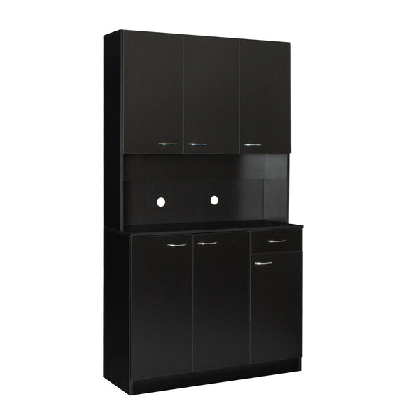 English Elm 70.87" Wardrobe Kitchen Cabinet with 6 Doors, 1 Drawer & Open Shelf — Durable Melamine MDF Storage Solution Black W331S00059