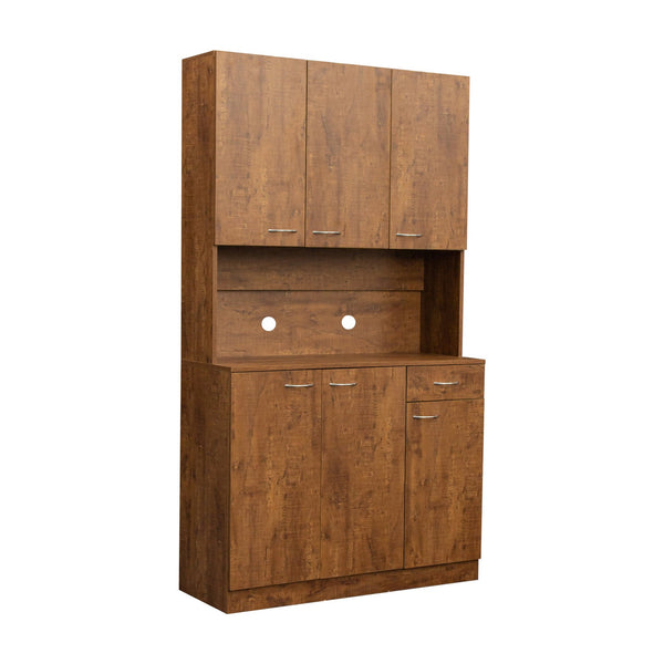 English Elm 70.87" Wardrobe Kitchen Cabinet with 6 Doors, 1 Drawer & Open Shelf — Durable Melamine MDF Storage Solution Walnut W331S00060
